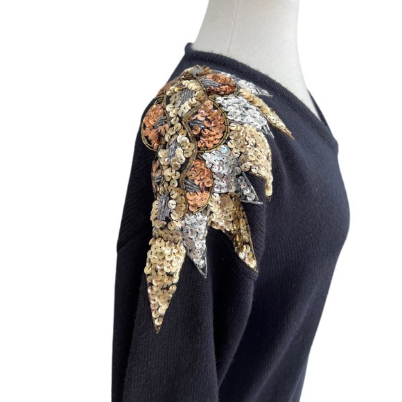 Vintage Black V-Neck Sweater with Sequin Shoulders | Size Medium - Picture 2 of 6